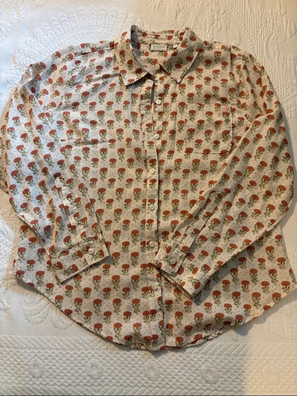 Spartina 449 Cream Button-Down Shirt with Orange Floral Print